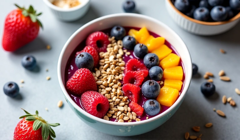 An overhead shot of a colorful smoothie bowl topped with fresh fruits, nuts, and seeds, representing a healthy breakfast. No text, no symbols.