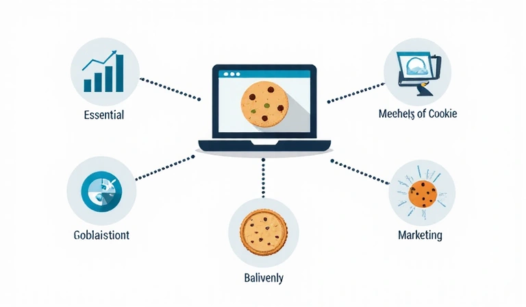 Illustration of various types of cookies, such as essential, analytical, and marketing, represented by different icons around a central website icon.